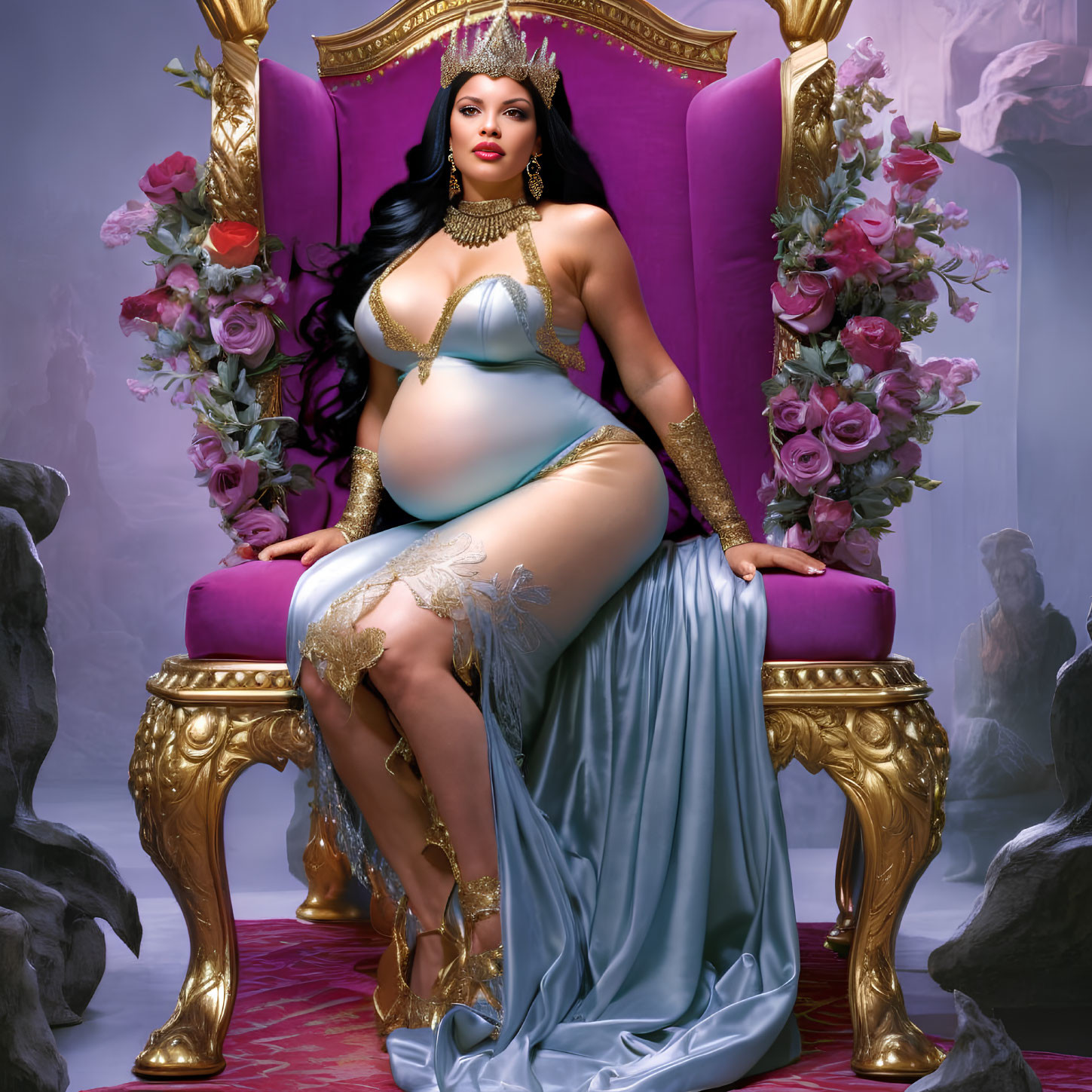 Pregnant Woman in Regal Attire on Throne Surrounded by Flowers