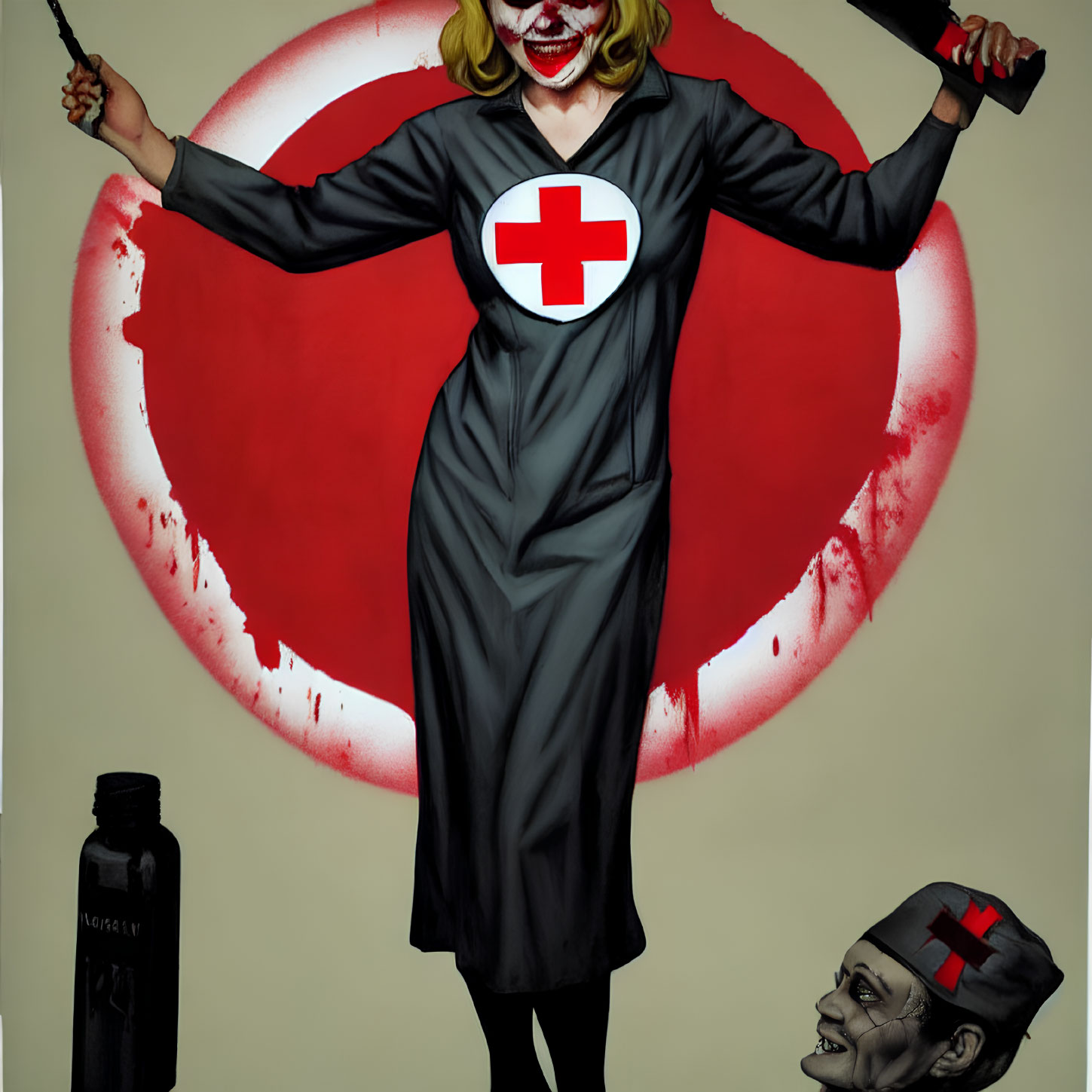 Sinister nurse with Joker-like smile and Japanese flag background.