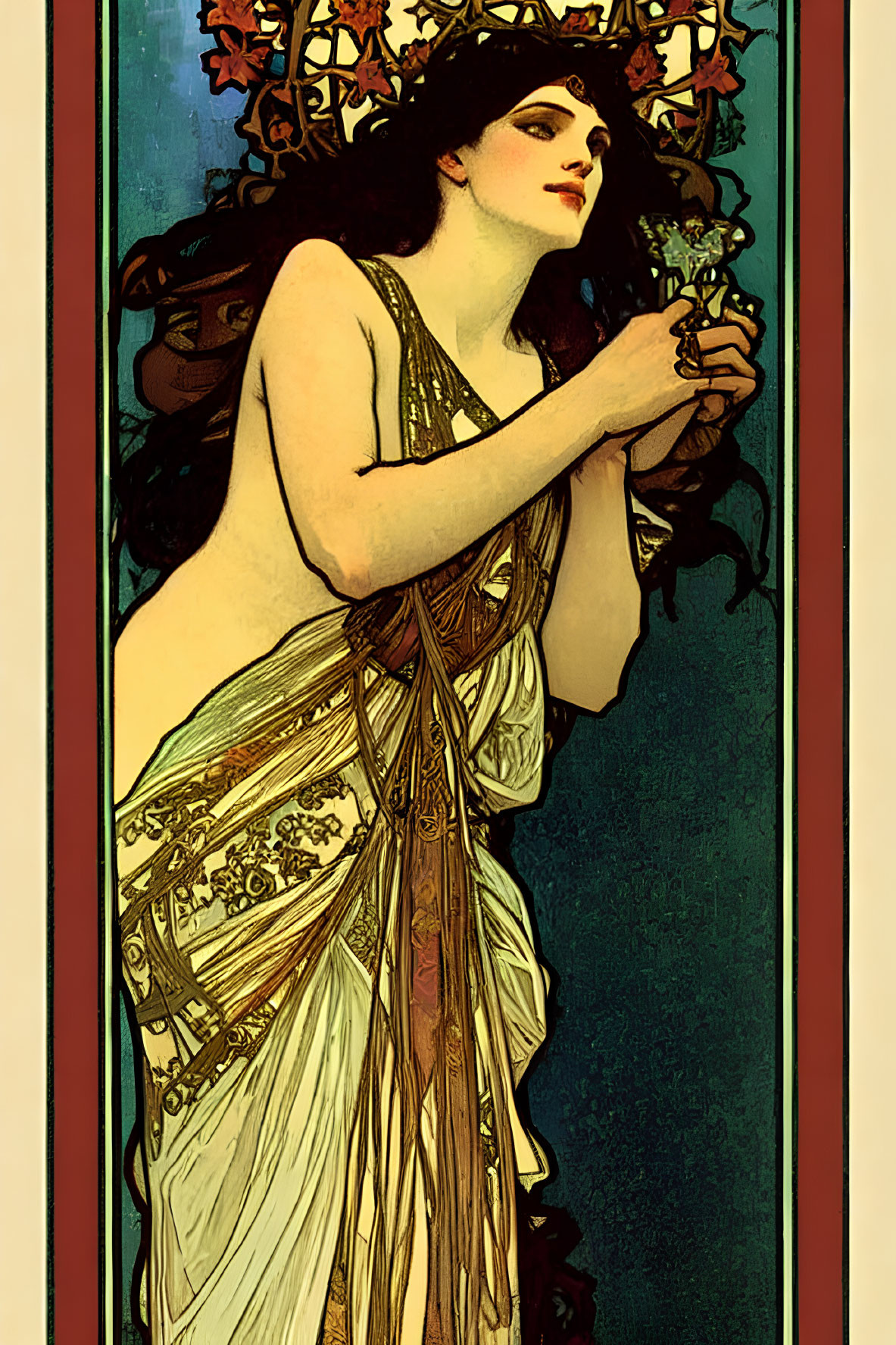 Art Nouveau Woman Illustration with Flowing Hair and Gown