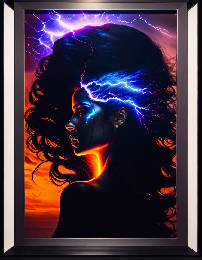 Colorful framed profile portrait of a woman with flowing hair in neon and lightning against sunset.