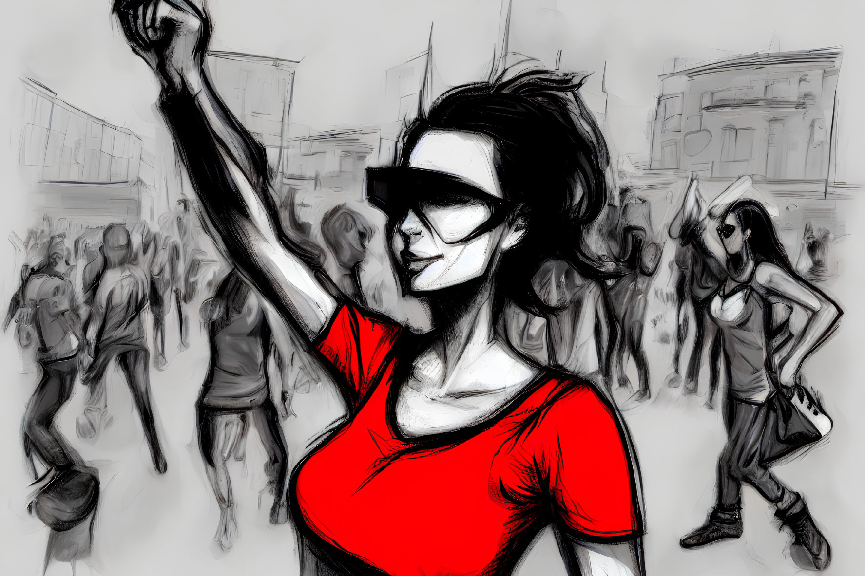 Sketch of Woman in Sunglasses & Mask Raising Fist in Crowd