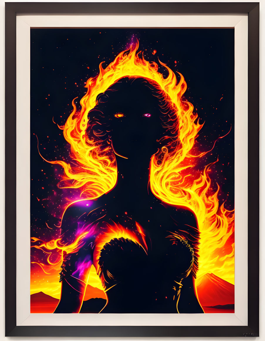 Framed artwork: Woman silhouette with fiery hair in cosmic setting