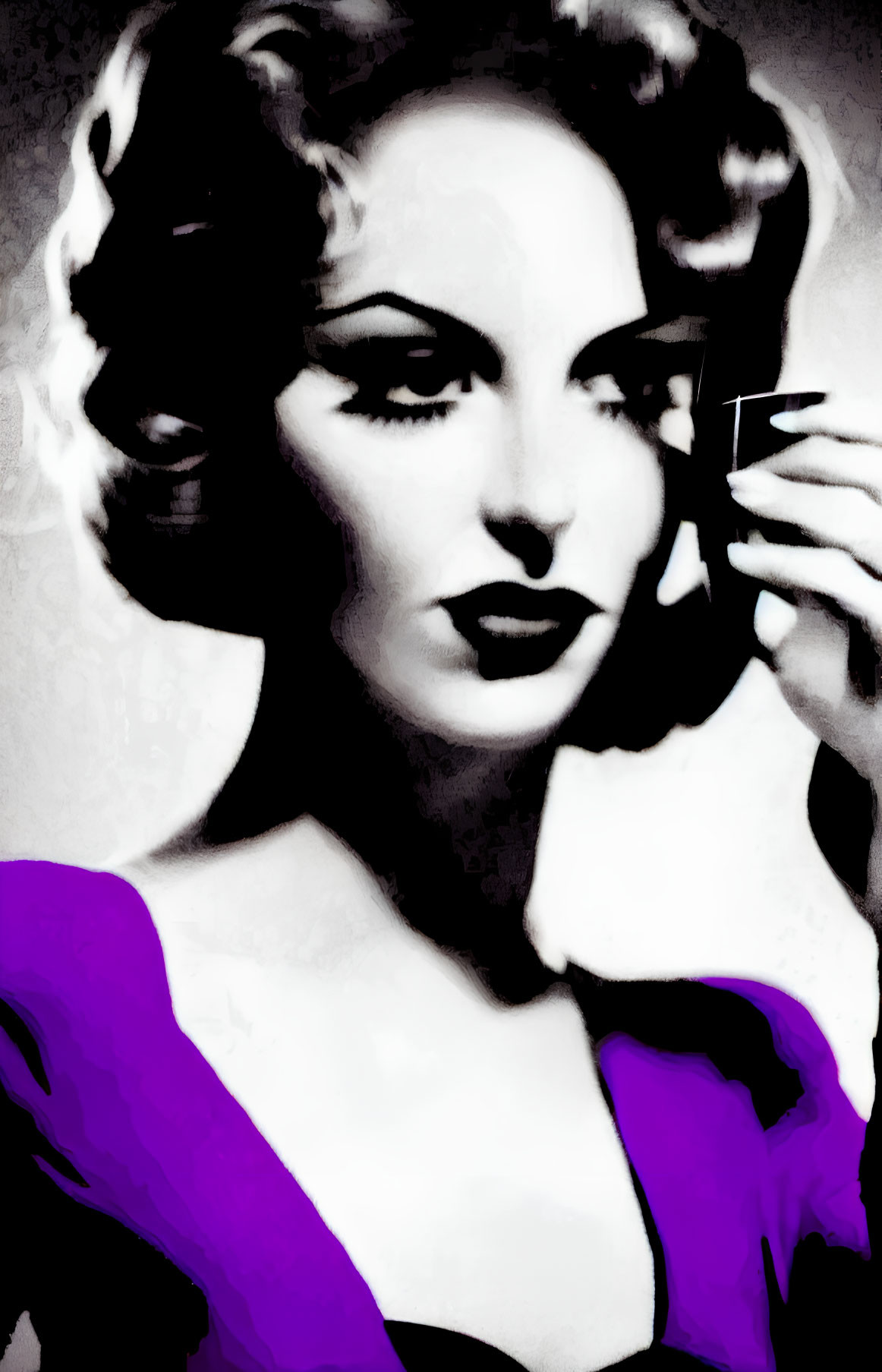 Monochrome artwork of woman with vintage hairstyle and cigarette in purple dress