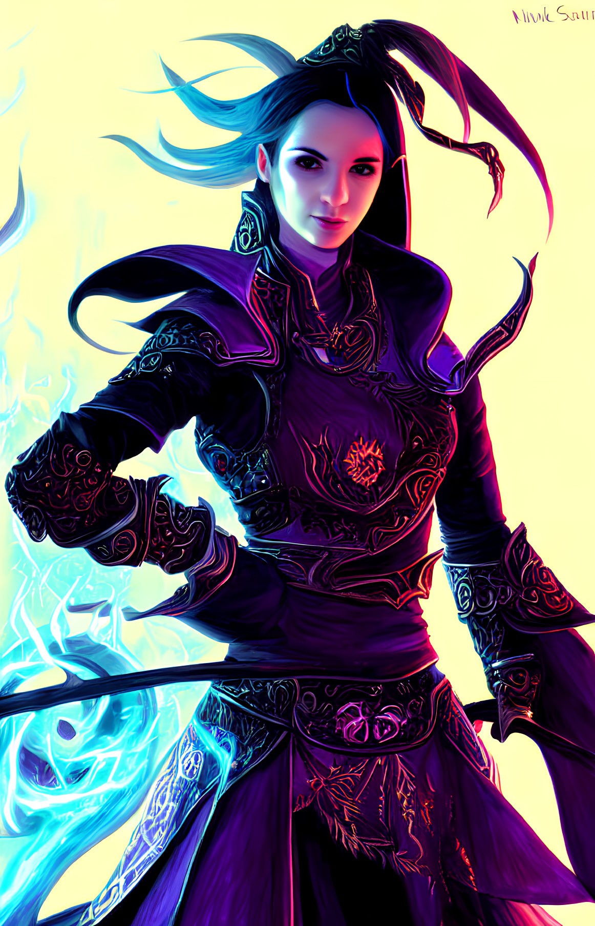 Digital artwork: Female character in purple and black armor with blue flames