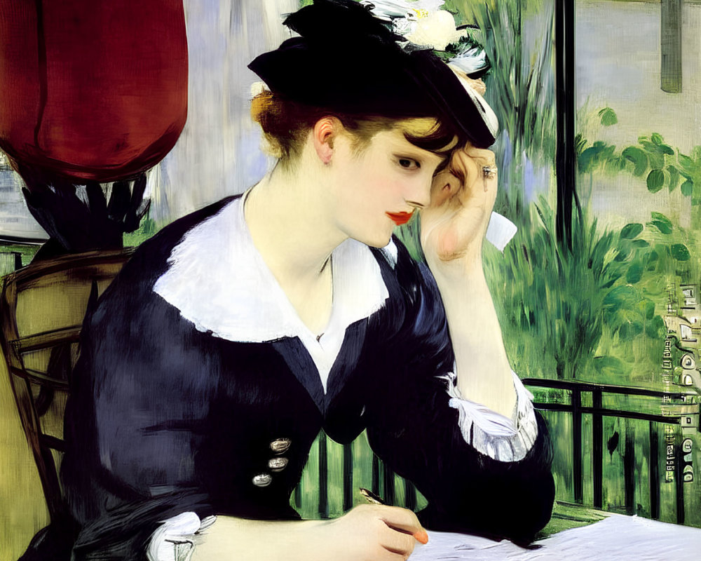 Woman in Black Hat Writing Letter Outdoors