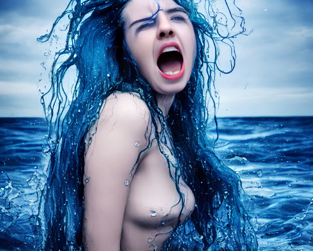 Blue-haired woman emerging from water with dynamic splashes