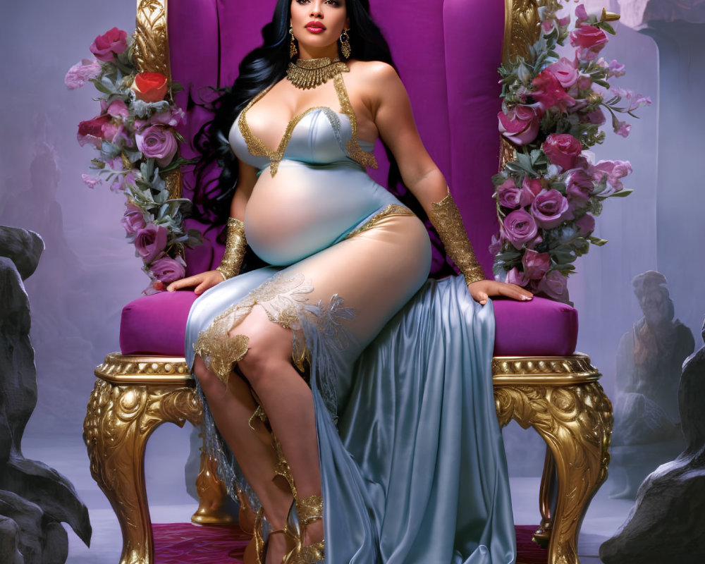 Pregnant Woman in Regal Attire on Throne Surrounded by Flowers