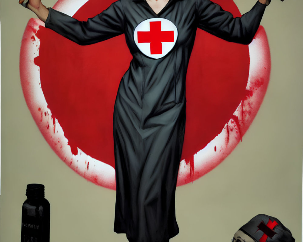 Sinister nurse with Joker-like smile and Japanese flag background.