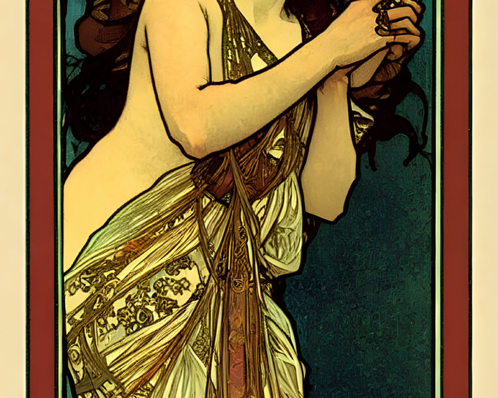 Art Nouveau Woman Illustration with Flowing Hair and Gown