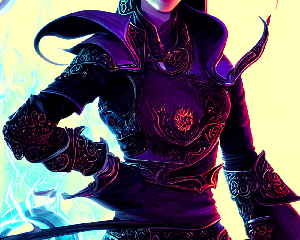 Digital artwork: Female character in purple and black armor with blue flames