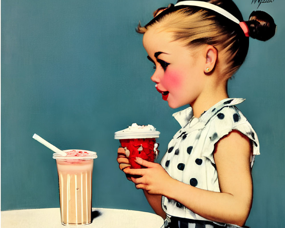 Retro-style illustration of young girl with polka-dot dress and soda cup