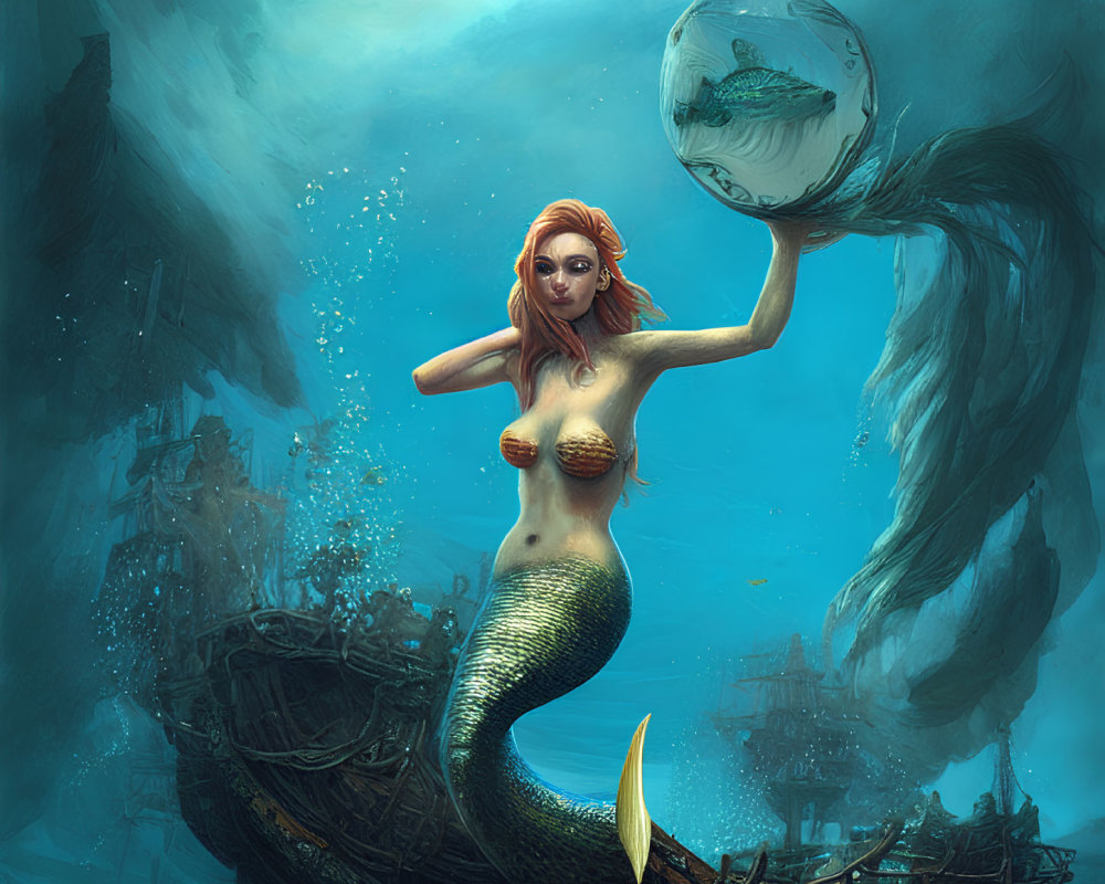 Red-haired mermaid holding fishbowl near sunken ship in mystical underwater setting