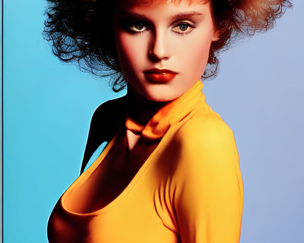 Voluminous hair and striking makeup on woman in yellow top against blue background