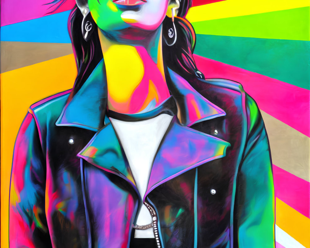 Colorful portrait of person in sunglasses and leather jacket on geometric backdrop