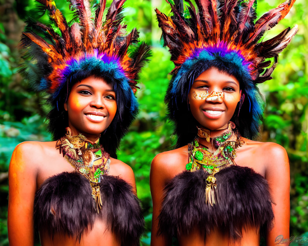 Two people in feather headdresses and fur attire, smiling in forest.