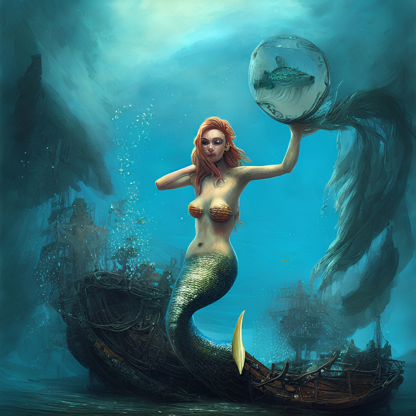 Red-haired mermaid holding fishbowl near sunken ship in mystical underwater setting