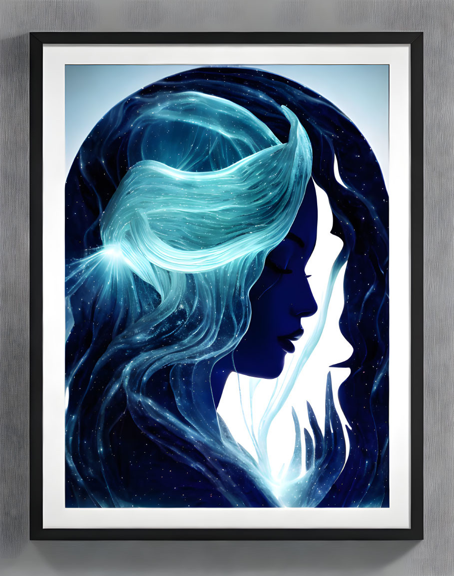 Celestial-themed digital artwork with woman silhouette in blue shades