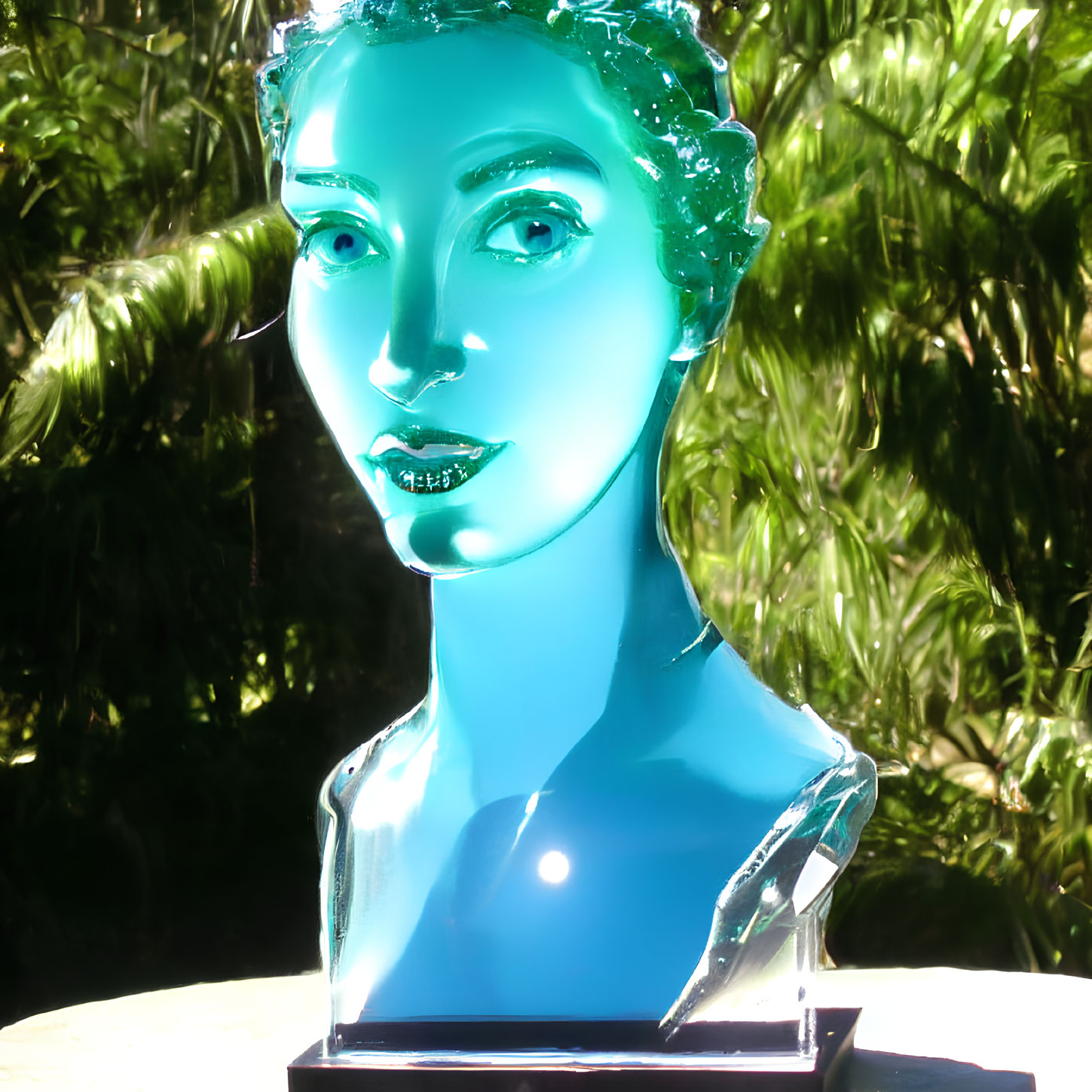 Blue glossy bust sculpture of a woman with intricate headpiece against green foliage background