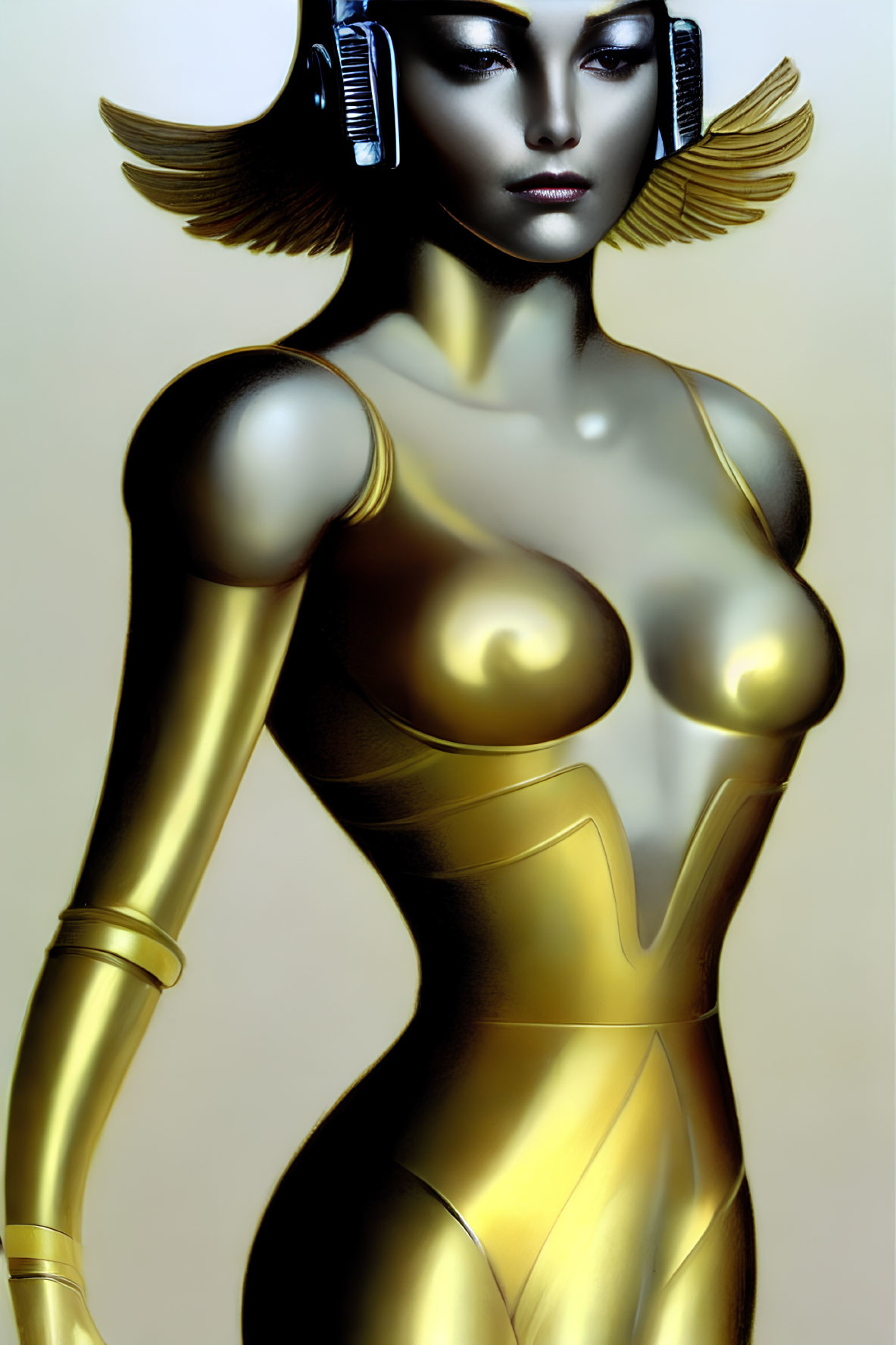 Golden-armored female figure with winged headpiece in stylized art.