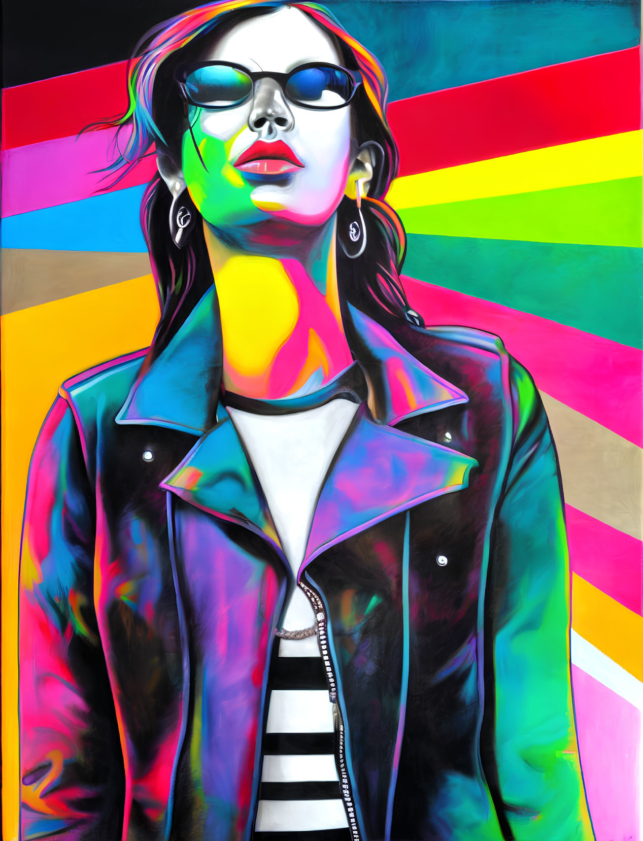 Colorful portrait of person in sunglasses and leather jacket on geometric backdrop