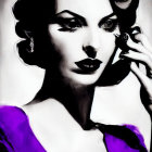 Monochrome artwork of woman with vintage hairstyle and cigarette in purple dress