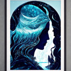 Celestial-themed digital artwork with woman silhouette in blue shades