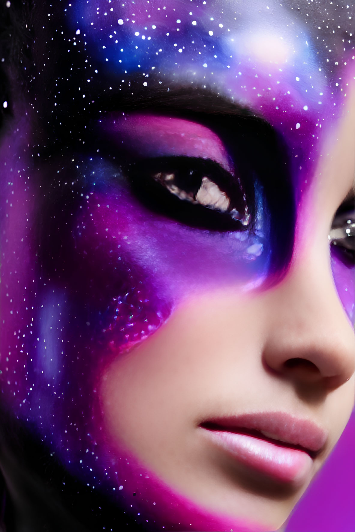 Detailed Galaxy-Themed Makeup Close-Up in Purple and Blue