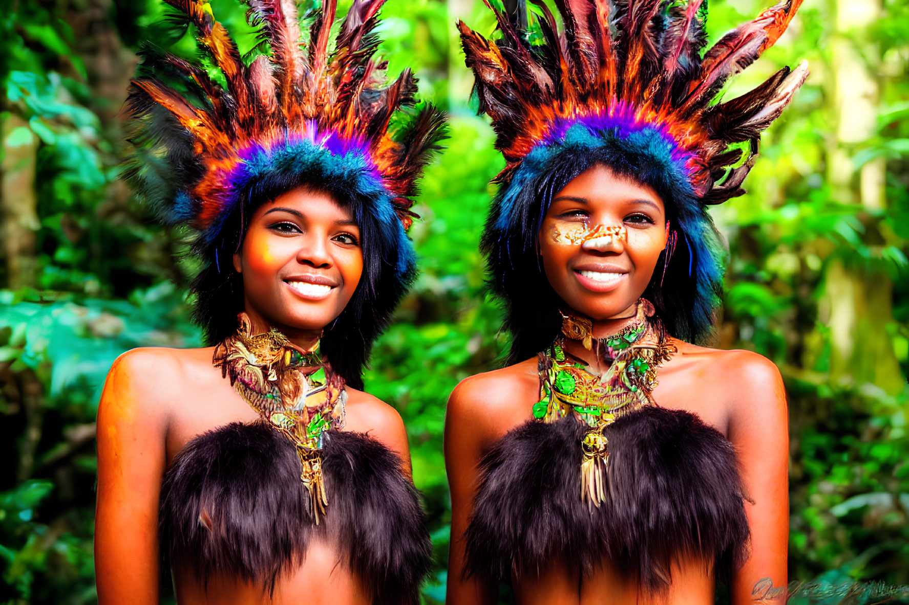 Two people in feather headdresses and fur attire, smiling in forest.