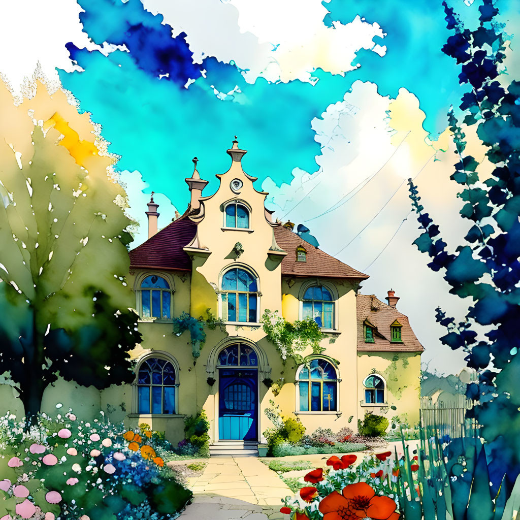 Charming multi-storied house with blue doors and windows in colorful garden landscape