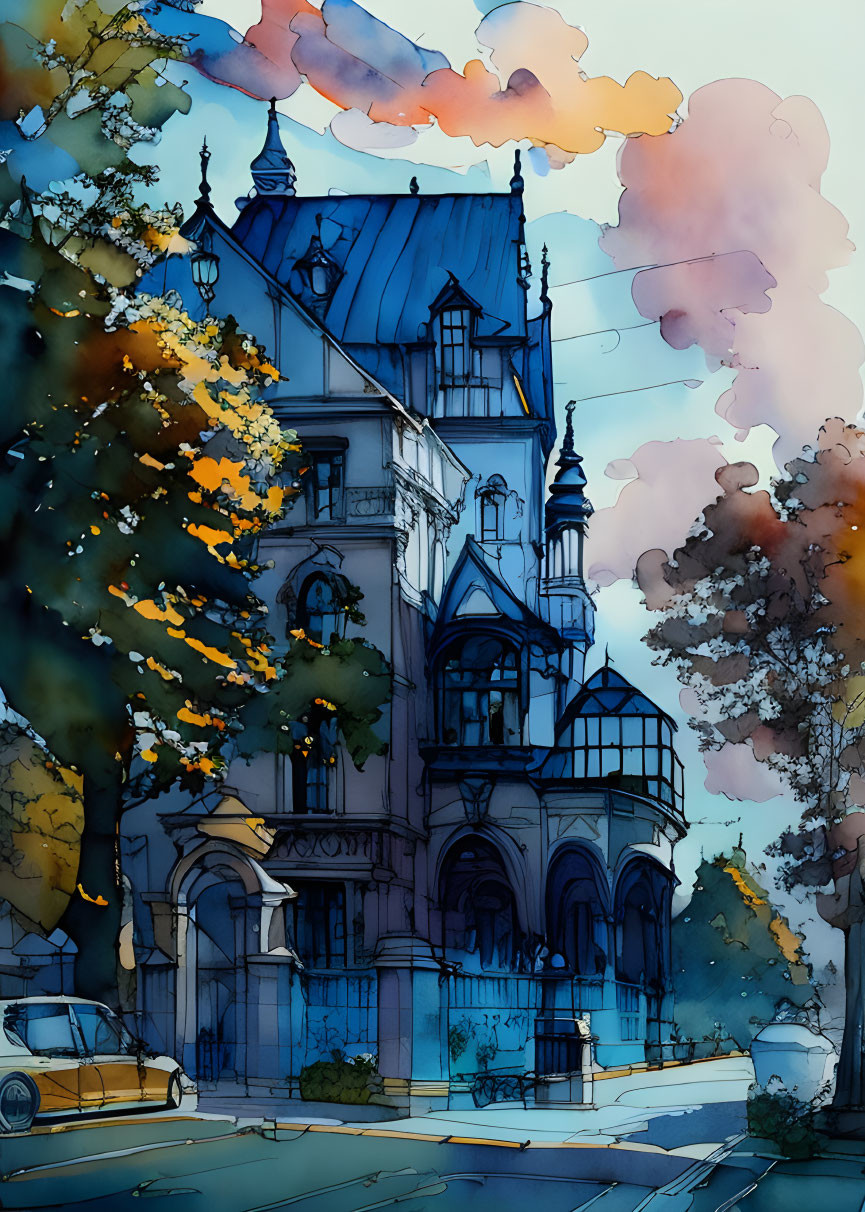 Illustration of Gothic-style building at twilight with car and whimsical clouds