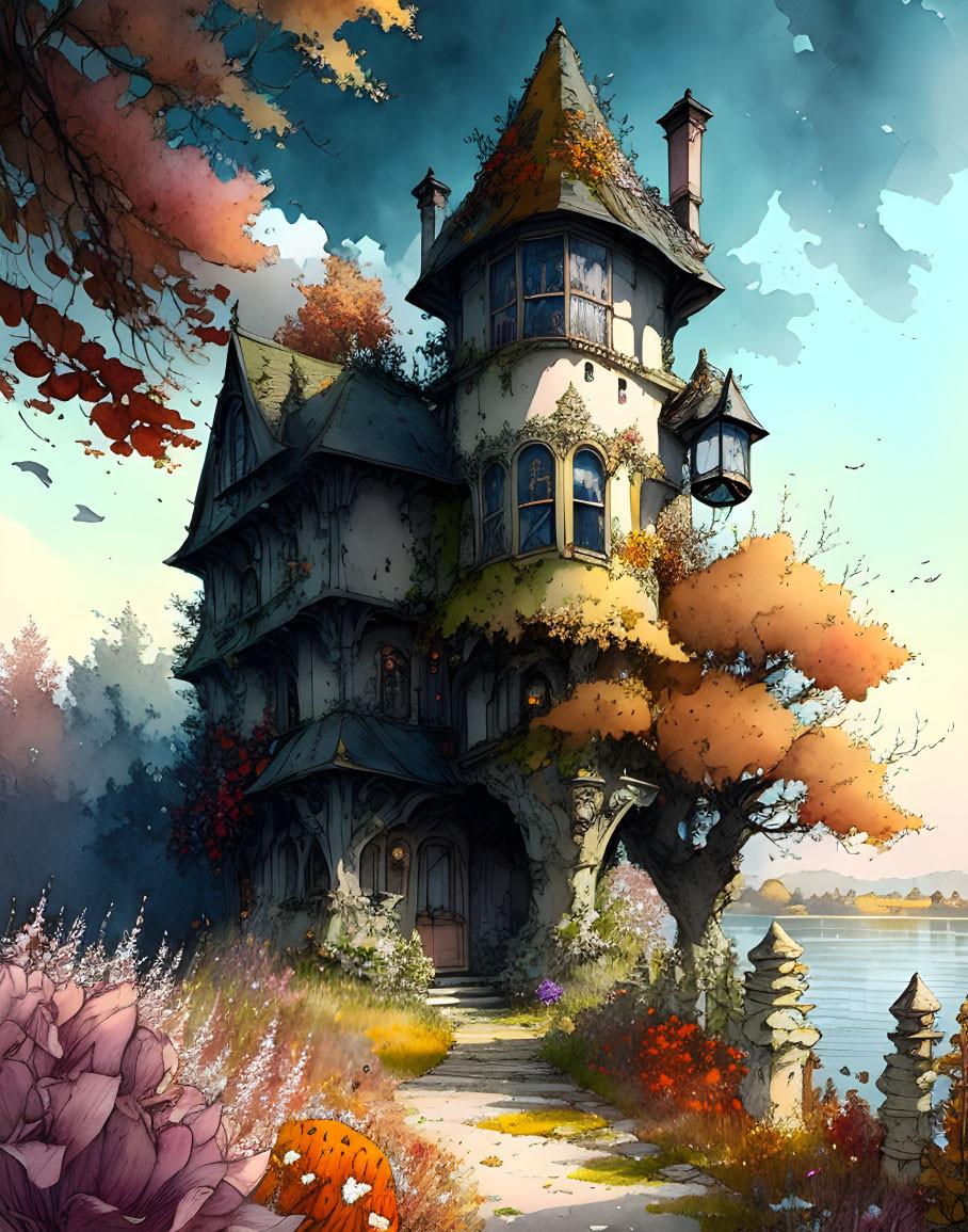 Fantasy house illustration on tree near lake with autumn foliage