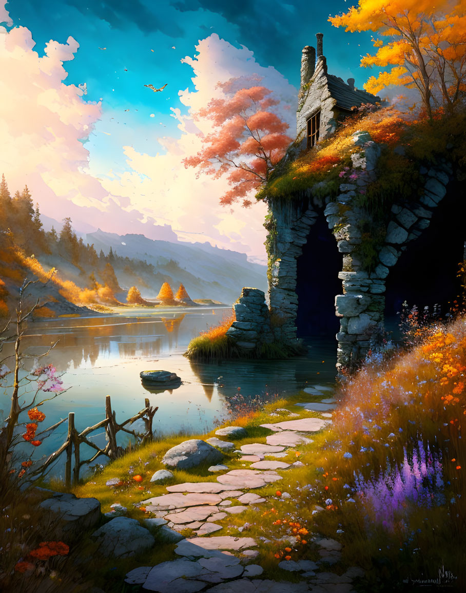 Tranquil stone cottage by lake in autumn sunset