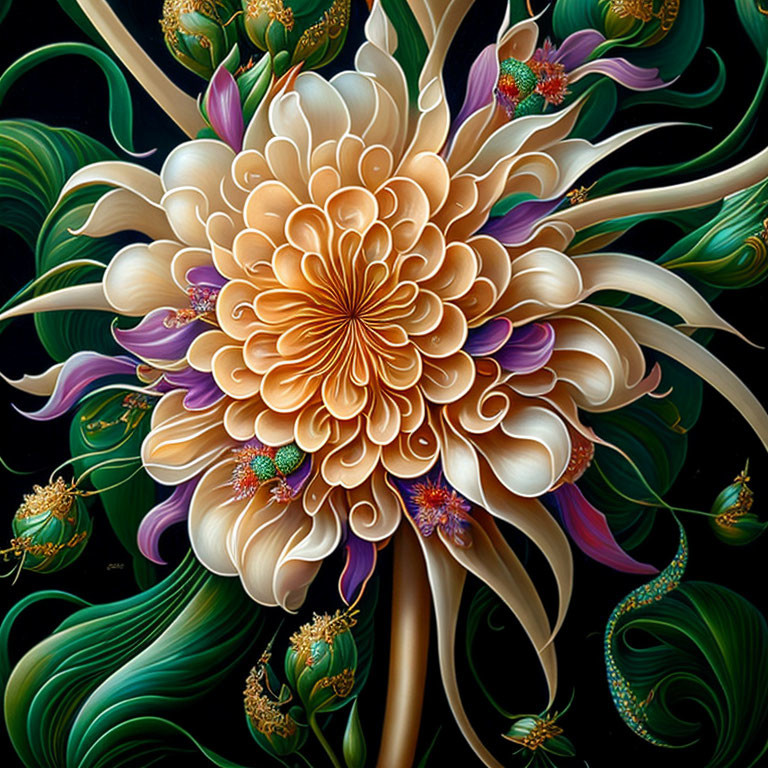 Colorful Stylized Chrysanthemum Illustration with Whimsical Creatures