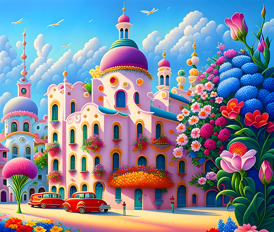 Colorful cityscape illustration with flowers, car, and birds in surreal setting