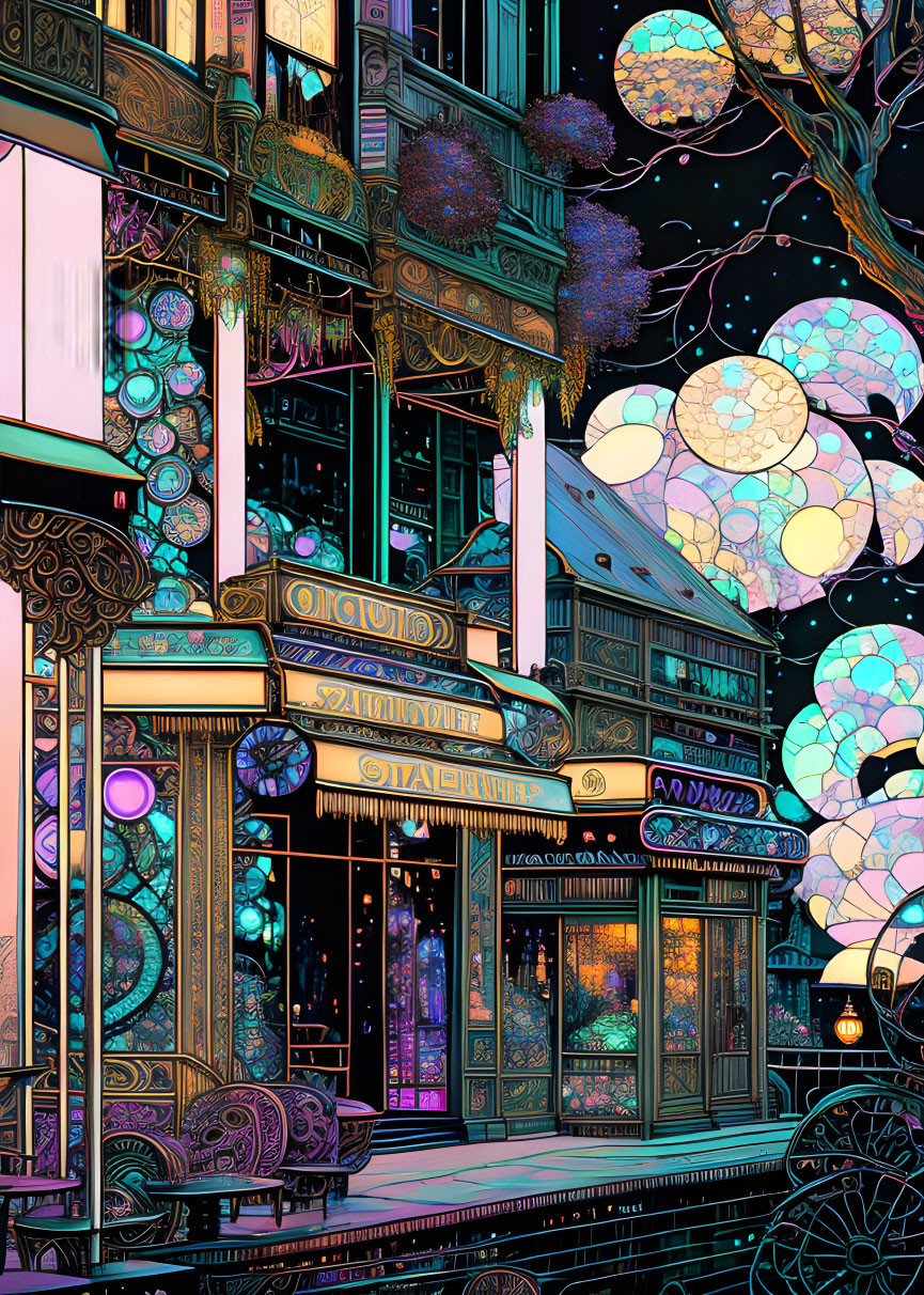 Whimsical night scene with intricate building, glowing orbs, and starry sky