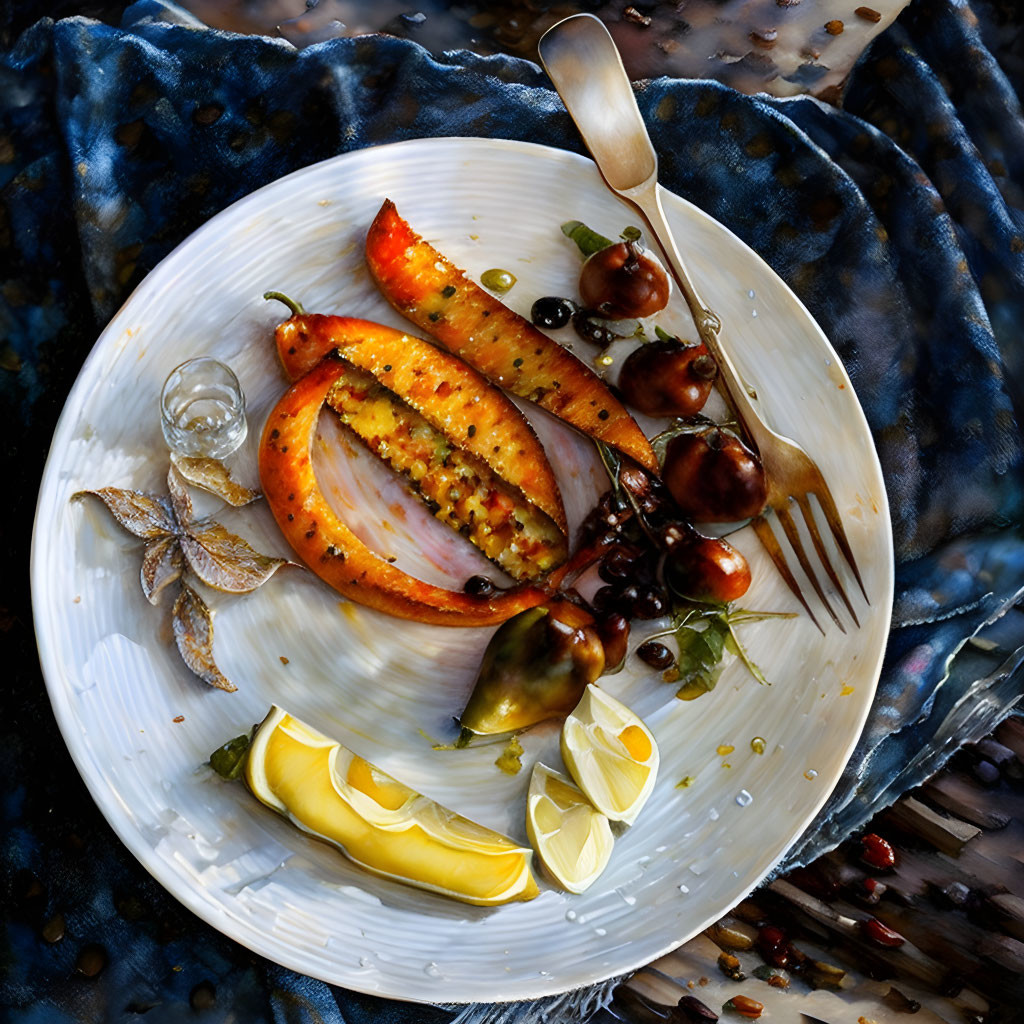 Sliced Pumpkin Gourmet Dish with Herbs and Seeds on White Plate