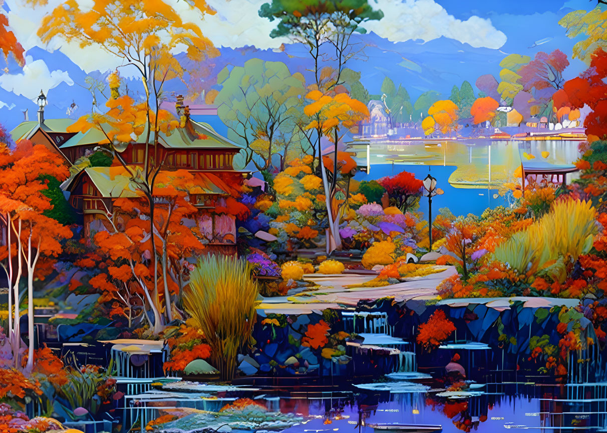 Autumnal scene with waterfall, red foliage, traditional buildings, and serene lake.