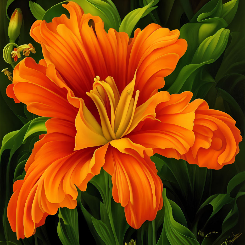 Detailed Close-Up Digital Painting of Orange Lily on Dark Background