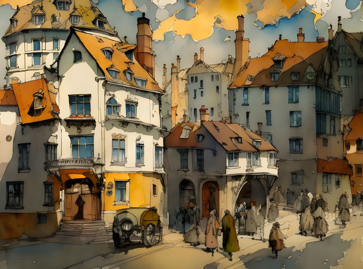 Vintage European Street Scene with Pastel-Colored Buildings & Horse-Drawn Carriage