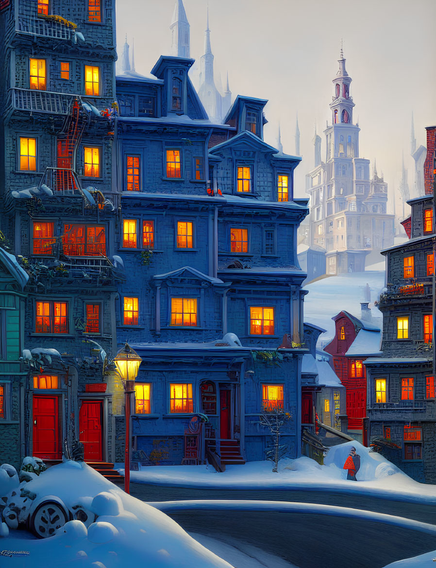 Snowy Cityscape at Dusk with Blue Building, Street Lamp, and Snow-Covered Red