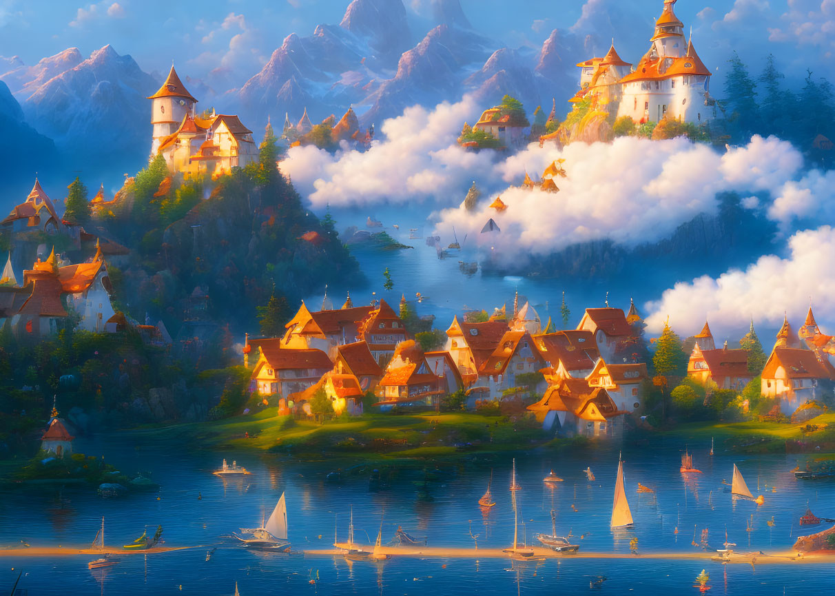 Serene fairytale landscape with river, castle, and mountains