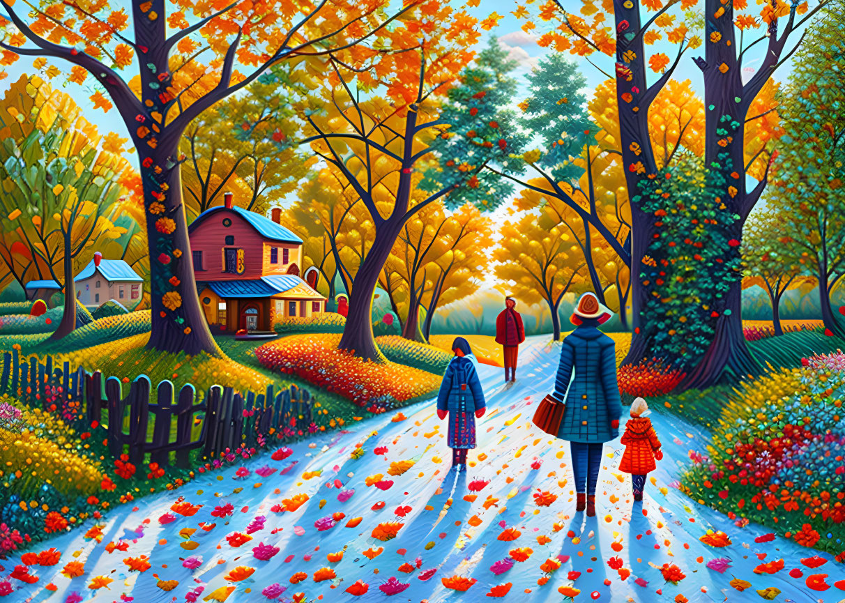 Colorful Autumnal Forest Painting with People Walking on Path