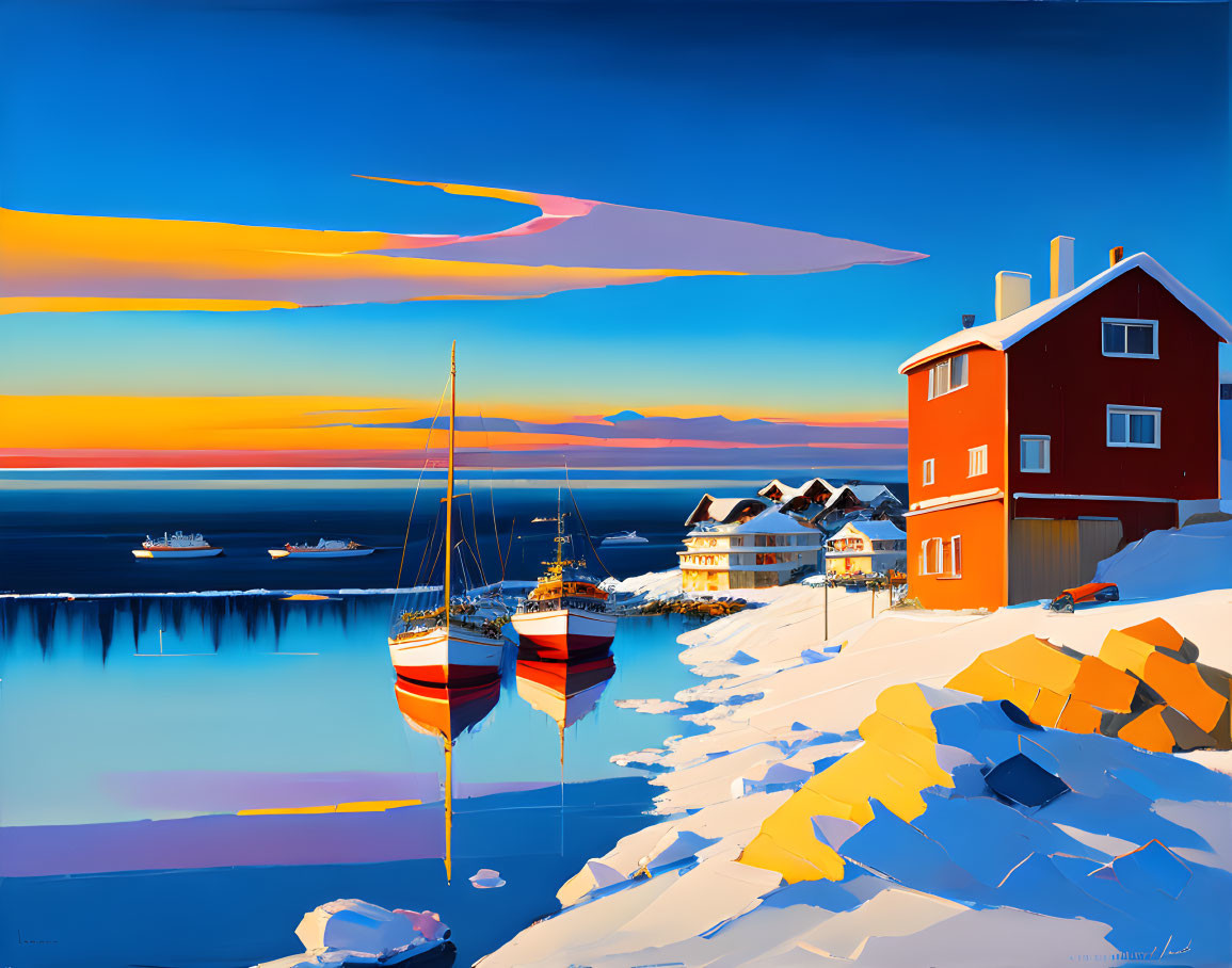 Coastal sunset scene with boats, snow, and colorful houses under a blue sky