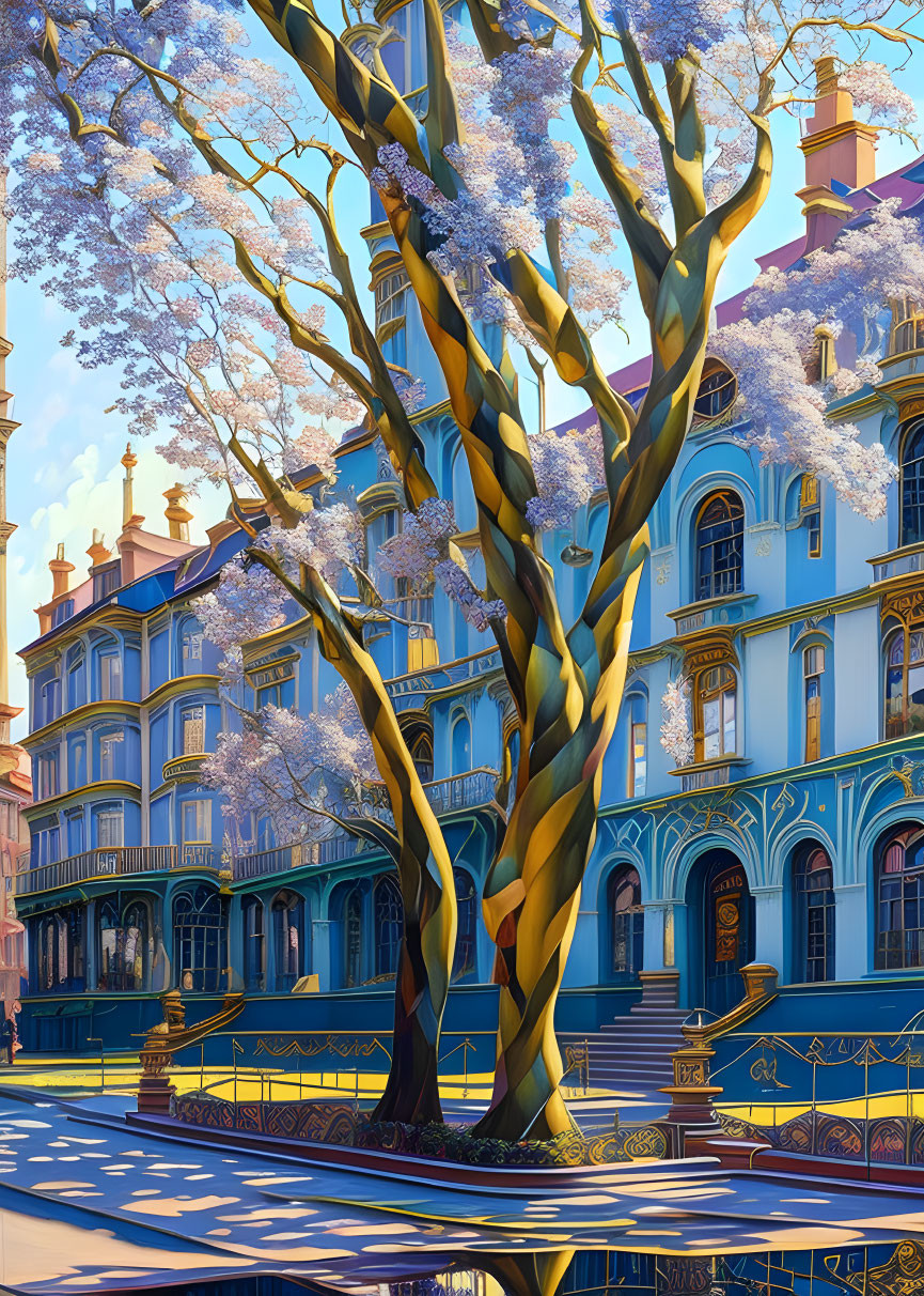 Detailed illustration of whimsical tree and blooming flowers in front of Victorian-style building