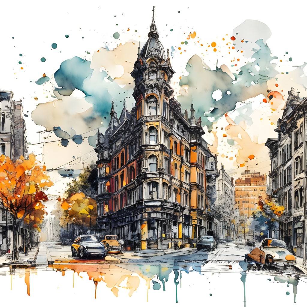 Vibrant watercolor painting of busy city corner with historic building, autumn trees, and street traffic