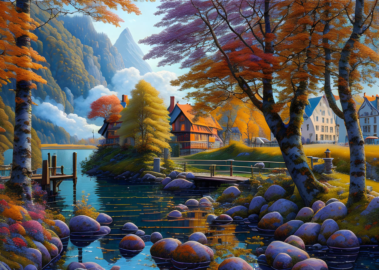 Scenic autumn village by serene lake and mountains