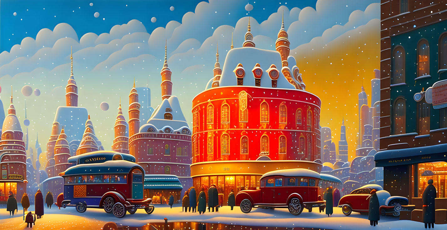 Winter cityscape animation with historic buildings, vintage vehicles, and falling snow