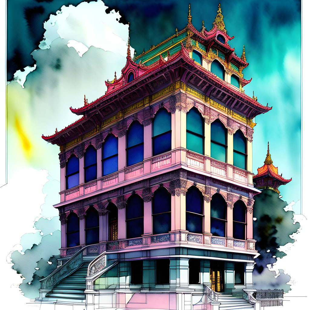 Vibrant Asian building with ornate decorations and pagoda-style roof