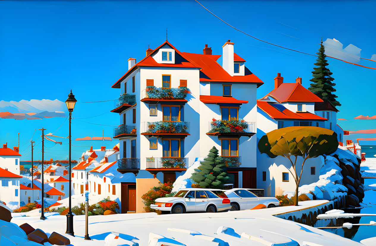 Colorful snowy suburban scene with classic car & blue skies