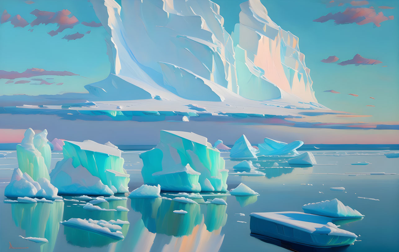 Tranquil Arctic landscape with large icebergs and pastel sky